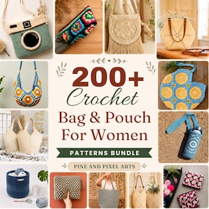 以下が含まれることがあります： PINE AND PIXEL ARTSによる「200+ Crochet Bag & Pouch For Women PATTERNS BUNDLE」のデジタルコラージュ。画像には、カメラ型のバッグ、グラニースクエアのポーチ、フリンジ付きのバッグ、柑橘類をモチーフにしたトートバッグなど、様々なかぎ針編みのアイテムが写っています。