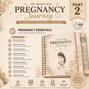 Puede incluir: Un planificador de embarazo digital titulado My Beautiful Pregnancy Journey Part 2, con una cubierta de espiral que muestra la ilustración de una persona embarazada, detalles florales y una lista de secciones que incluyen información personal y médica.
