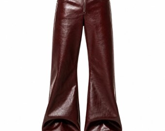 Unisex Burgundy Leather Flare Pants, High Waist Wide Leg Bell Bottom Trousers for Men and Women, Genuine Leather Pants