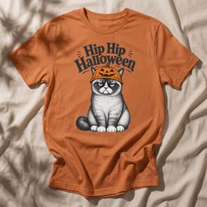 Könnte beinhalten: Ein kurzärmeliges T-Shirt in gebranntem Orange mit einer Grafik einer mürrischen grau-weißen Katze, die einen geschnitzten Kürbis als Hut trägt. Über der Katze steht der Text Hip Hip Halloween in dunkelblauer Schrift. Das Shirt hat einen Rundhalsausschnitt.