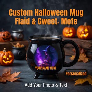 May include: A black cauldron-shaped ceramic mug featuring a circular graphic of a witch holding a glowing purple orb. The text "YOUR NAME HERE" is printed in orange below the graphic. The mug has three small feet and a side handle.