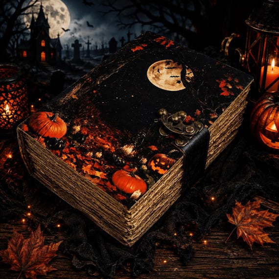 Coptic-bound leather journal with deckle-edge paper and Halloween/gothic pumpkin moon aesthetic — a genuinely handcrafted book that looks like it belongs in a witch's cottage.