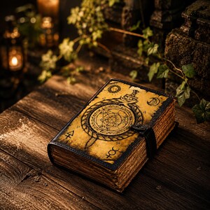 May include: A rectangular book with a weathered, yellowed cover featuring a black ink illustration of a circular geometric diagram, a sun, a moon, and various symbols. The book has dark edges, a black strap closure, and thick, textured paper pages.