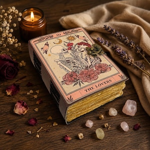 Handmade Leather journal for men and women,Blank Book of Spells, Deckle Edge Paper, The Lovers Tarot Notebook:Skull, Gothic Leather Grimoire