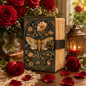 Grimoire Leder Botanische Motte Tagebuch|Cottagecore Blumen Tagebuch|Buch der Schatten|Handgemachte Hexerei Zauberbuch|Personalisierte Geschenke für Sie