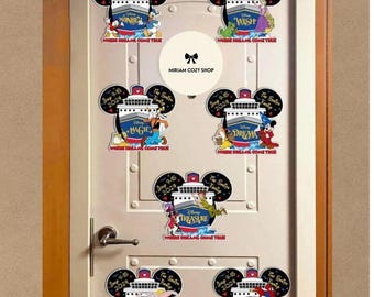 Magnete personalizzato con nome della famiglia e della nave da crociera, insegna della compagnia di crociere Topolino e amici, magnete "Desideri, Sogni, Tesori".