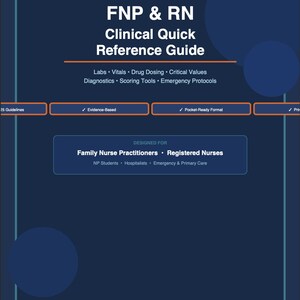 May include: A dark blue clinical quick reference guide for FNP and RN professionals. The cover features white text detailing labs, vitals, drug dosing, and emergency protocols. It includes sections for evidence-based, pocket-ready format, and clinical use.