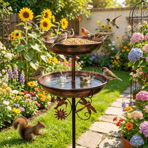 May include: A two-tiered copper-colored bird bath and feeder stand featuring a top bowl filled with birdseed and a bottom bowl filled with water. The metal stand is decorated with embossed hummingbird, dragonfly, and sunflower motifs.