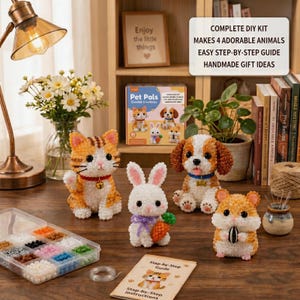 Tiny 3D Beaded Animal DIY Kit | Cat, Dog & Bunny Bead Embroidery Craft Set | Beginner Friendly Amigurumi Handcraft Gift for Pet Lovers