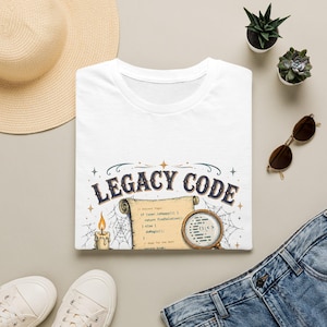 May include: A white t-shirt featuring a graphic print with the text LEGACY CODE in dark blue letters. The design includes an aged parchment scroll with code snippets, a lit candle, a magnifying glass, and spider webs in a dark aesthetic.