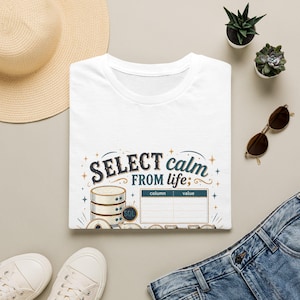 May include: A white t-shirt featuring a graphic print with the text "SELECT calm FROM life;" alongside an illustration of a database icon, a small SQL badge, and a table with column and value headers, accented by decorative stars and swirls.