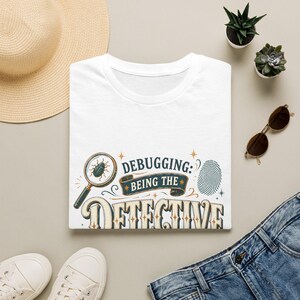 May include: A white t-shirt featuring a graphic print with a magnifying glass over a beetle, a fingerprint, and the text "DEBUGGING: BEING THE DETECTIVE" in a stylised font. The design includes decorative star accents and a dark blue banner.