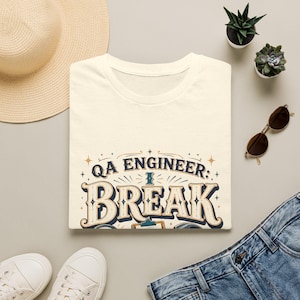 May include: A cream-colored t-shirt featuring the dark blue and gold text "QA ENGINEER: I BREAK" in a decorative font, accented with small star symbols and a graphic of a clipboard, centered on the front of the garment.