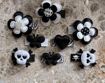 Pinzas para el cabello de bebé, accesorios para el cabello, SET de pinzas para el cabello de niñas, mini pinzas para el cabello hechas a mano, flores blancas y negras, apliques de calavera, corazón y mariposa.