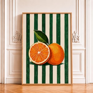 Vintage Citrus Kitchen Canvas Wall Art, Illustrated Orange Canvas, Green Stripe Kitchen Decor, Mediterranean Wall Art