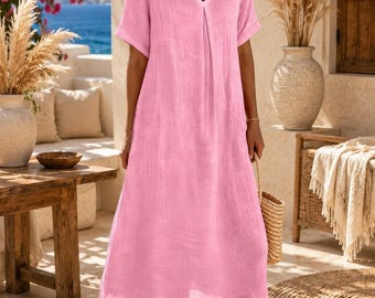 Women's Linen Maxi Dress V Neck Summer Boho Beach Cover Up Resort Vacation Kaftan