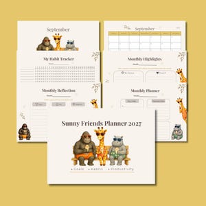 Op de afbeelding: Een Sunny Friends Planner 2027 set met een gorilla, giraffe en nijlpaard die ijs eten op een bankje. De pagina's bevatten een septemberkalender, een gewoonte-tracker, maandelijkse hoogtepunten, een reflectiegedeelte en een maandplanner.