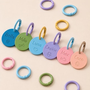 Pode incluir: Uma coleção de placas de identificação circulares para animais de estimação em várias cores pastel, cada uma com um nome e um pequeno ícone. As placas estão presas a anéis de mola correspondentes. Os nomes incluem Bella, Milo, Luna, Cookie, Max e Coco, com ícones como uma pata, osso, coração, bola de beisebol, peixe e bola.