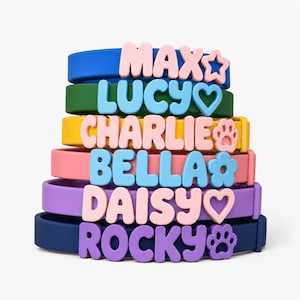 Pode incluir: Uma pilha de seis coleiras de silicone coloridas para animais de estimação, cada uma com nomes em letras de bloco em relevo e ícones correspondentes. As coleiras são azul com MAX e uma estrela, verde com LUCY e um coração, amarelo com CHARLIE e uma pata, rosa com BELLA e uma flor, roxo com DAISY e um coração, e azul-marinho com ROCKY e uma pata.