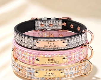 May include: Three pet collars stacked vertically, each featuring a woven fabric exterior in grey, pink, or beige tones. Each collar has a gold-toned metal nameplate engraved with a name and phone number: Lucy 646-555-0178, Bella 639-892-7850, and Lucky 646-345-4666.