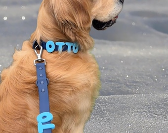 May include: A dark blue dog collar and matching leash set featuring the name OTTO in raised, light blue block letters. The collar is secured around the neck of a golden-colored dog, and the leash is attached with a silver metal swivel clip.
