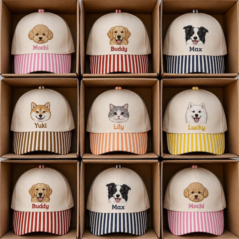 May include: Nine baseball caps arranged in a grid, each featuring an embroidered animal face and a name. The caps have cream-colored crowns and striped brims in various colors including pink, red, navy, brown, orange, and yellow.