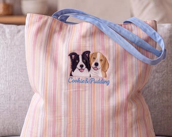 Bolso de mano a rayas con retrato personalizado de mascota bordado, bolso personalizado para perros, bolso para mascotas, regalo para mamás perrunas