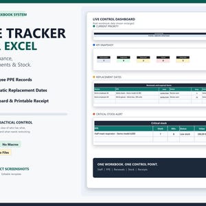 May include: A digital PPE tracker for Excel featuring a live control dashboard with sections for KPI snapshots, replacement dates, and critical stock alerts. The interface displays data tables for employee records, stock levels, and renewal schedules.