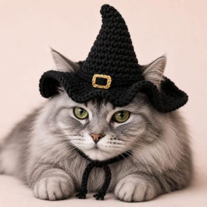 May include: A long-haired grey tabby cat wearing a black crocheted witch hat. The hat features a pointed crown, a wide wavy brim, and a small gold-coloured buckle detail at the front. A black crocheted chin strap secures the hat under the chin.