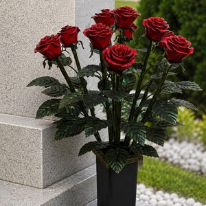 Puede incluir: Un ramo de rosas de color rojo intenso con hojas dentadas de color verde oscuro, dispuesto en un jarrón cuadrado negro alto con una base escalonada. Las rosas tienen un aspecto brillante y texturizado, con tallos rectos y erguidos.