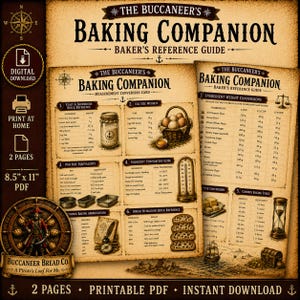 May include: A two-page digital PDF baking reference guide titled The Buccaneer's Baking Companion. The document features vintage-style illustrations, measurement conversion charts, ingredient weight tables, and baking tips on a parchment-coloured background. It includes a pirate-themed logo, 21.6 cm by 27.9 cm dimensions, and icons for yeast, eggs, pans, and an hourglass.