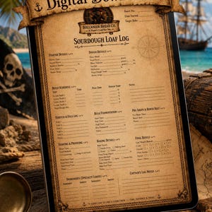 May include: A digital download sourdough loaf log template on a tablet screen, featuring a pirate-themed design with parchment-style paper, sections for starter and dough details, build schedules, fermentation, and baking notes with anchor icons.