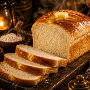 May include: A golden-brown loaf of bread with a pat of melting butter on top, positioned next to three freshly cut slices. The bread has a soft, airy interior texture and a crisp crust, resting on a dark wooden board with scattered flour.