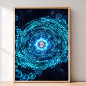 Könnte beinhalten: Ein rechteckiger gerahmter Wandkunstdruck mit einem leuchtend orangefarbenen Bitcoin-Symbol in der Mitte eines wirbelnden Strudels aus hellblauen digitalen Daten, sechseckigen Mustern und Binärcode vor einem dunklen Sternenhintergrund.