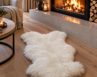 Tapis en peau de mouton 100 % naturelle, véritable peau de mouton blanche, laine longue, aspect moelleux, décoration scandinave, 70 x 110 cm