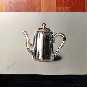 May include: A realistic drawing of a polished silver teapot with a curved spout, a handle, and a lid with a small knob. The metallic surface reflects light, creating bright highlights and dark shadows. The artist's signature is visible in the bottom left.