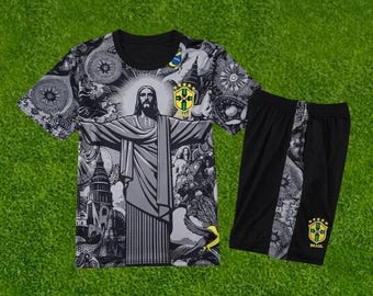 Maillot football enfant Brésil Jesus Edition · Kit sport personnalisé Brasil · Ensemble maillot short garçon