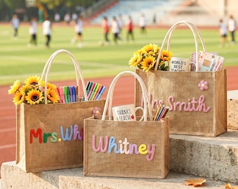 Custom Burlap Teacher Tote Bag Crochet Name Jute Tote Handmade Teacher Tote Gifts for Educators Back to School Gift End of Year Gift