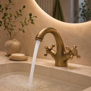 May include: A brass bathroom tap with two cross-style handles dispensing a steady stream of water into a stone sink basin. The tap features a curved spout and a brushed metallic finish, positioned above a light-coloured stone countertop.