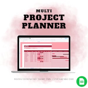 May include: A laptop screen displaying a Multi Project Planner spreadsheet with a Gantt chart, featuring pink and dark red color schemes. The text reads MULTI PROJECT PLANNER, INSTANT DOWNLOAD, SMART TABS, and CUSTOMIZABLE DATE.