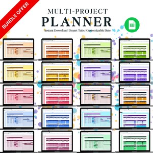 May include: A digital multi-project planner bundle featuring twenty laptop screens displaying various spreadsheet templates in diverse color schemes. The text reads Multi-Project Planner, Instant Download, Smart Tabs, Customizable Date.
