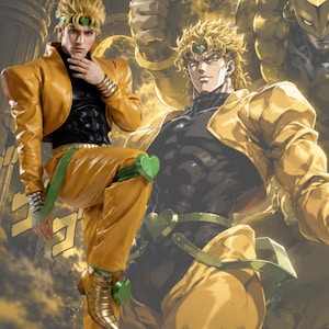 May include: A cosplay figure of a character with spiky blonde hair wearing a yellow cropped jacket, black sleeveless top, and yellow trousers with green heart-shaped accents on the knees and belt, paired with metallic gold boots and wrist cuffs.