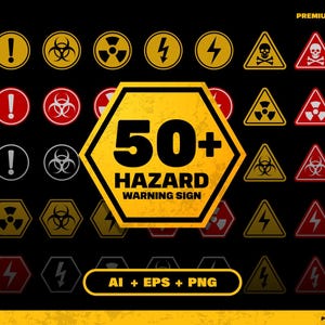 Puede incluir: Una colección de más de 50 señales de advertencia de peligro en varias formas, incluyendo círculos, triángulos y hexágonos. Los iconos muestran símbolos de riesgo biológico, radiación, electricidad y calaveras en amarillo, rojo, blanco y negro.