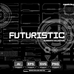 May include: A digital graphic asset collection featuring white futuristic HUD elements, circular interface designs, rectangular frames, and geometric icons on a black background. The text reads FUTURISTIC ELEMENTS COLLECTION, AI, EPS, SVG, PNG, and BONUS INCLUDE PSD FILE.