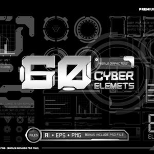 60 Futuristic HUD Elements Vector Bundle, Sci-Fi Cyberpunk UI Kit, Stream Overlay Frames, Tech Borders, Circular Target Reticle, Vector PNG