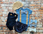 Newborn Baby Boy Coming Home Outfit. Bow tie Suspender Bodysuit, Denim Diaper Cover, Button Newsboy Hat. 1st Birthday. Baby Shower.