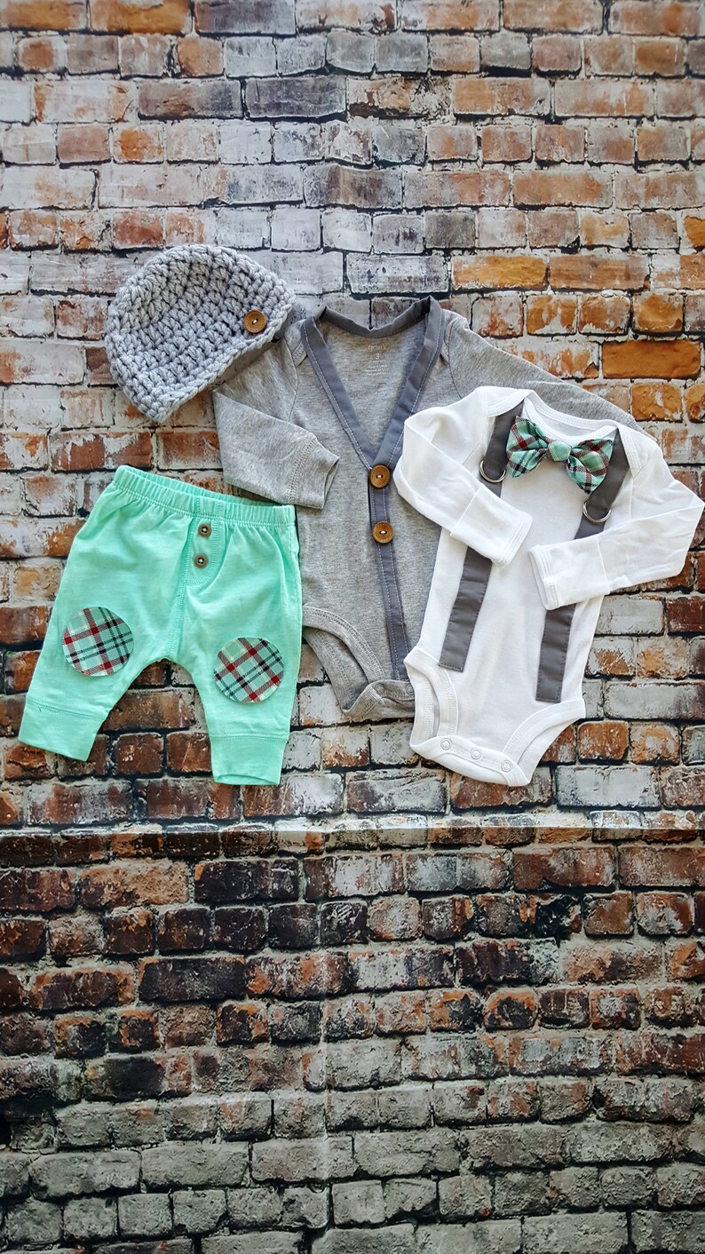 New Baby Cardigan Bodysuit Bow Tie w Suspender Bodysuit /& Newsboy Hat Pants Newborn Baby Boy Coming Home Outfit Baby Shower Gift Mint