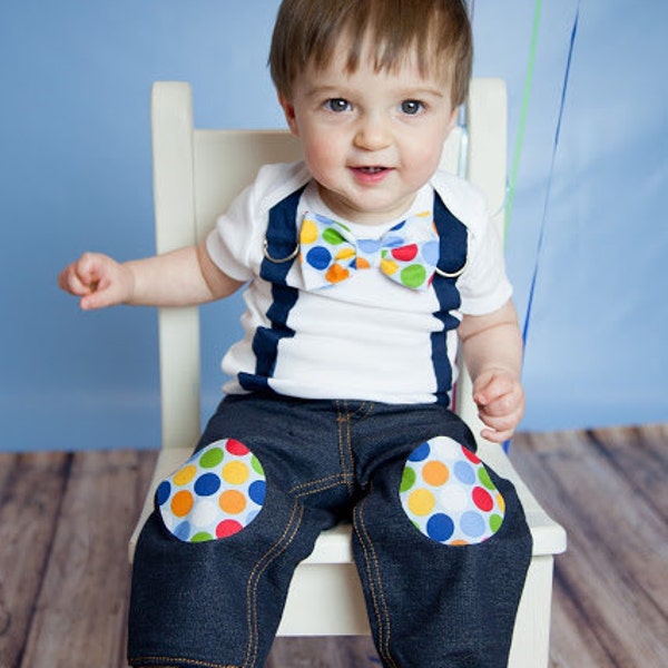 GET THE SET - Little Man Bowtie and Suspender Bodysuit with Matching Knee Patch Pants - Birthday Photo Prop, Little Man