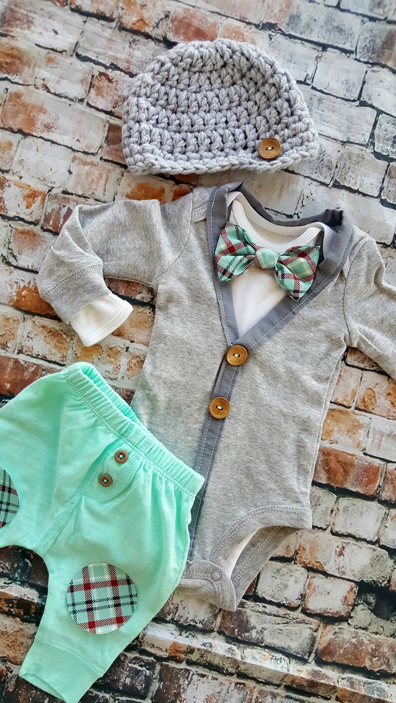 New Baby Cardigan Bodysuit Bow Tie w Suspender Bodysuit /& Newsboy Hat Pants Newborn Baby Boy Coming Home Outfit Baby Shower Gift Mint