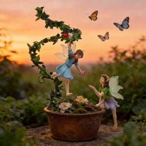 May include: A terracotta-coloured planter containing small flowers and a climbing vine, featuring two fairy figurines with translucent wings. One fairy in a blue dress hangs from the vine, while another in a green top and purple skirt sits nearby.